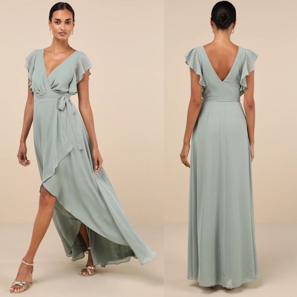 NWT Lulus Ravishing Charm Sage Brush Ruffled Wrap High-Low Maxi Dress Wedding L